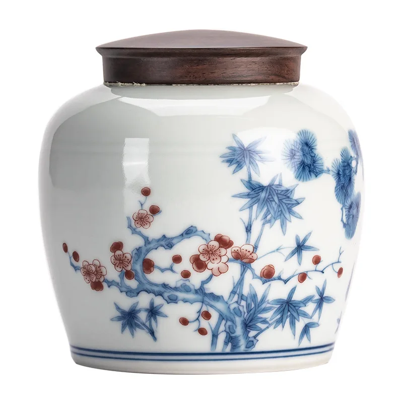 

Blue and White Porcelain Tea Box High-grade Ceramic Coffee Storage Candy with Wooden Lid Canister Home Container