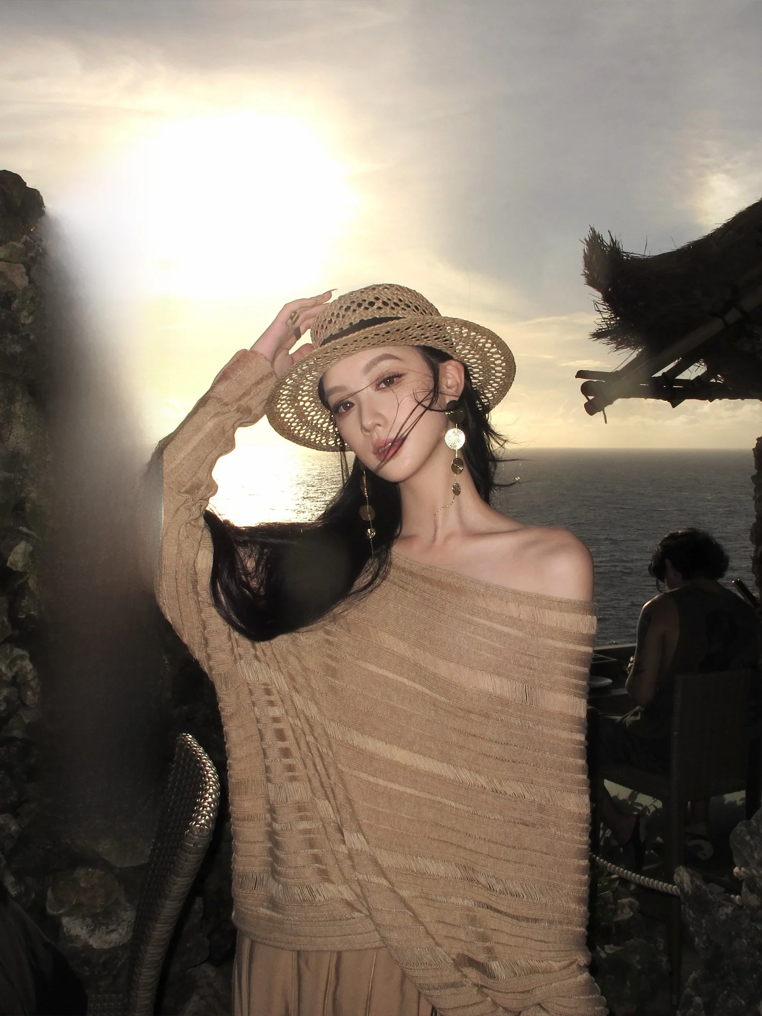 

Chic Early Spring Women's Knitted Slope oulder Top Elegance Sle Orange Island New Arrival 2026 Polyester Acrylic Nylon Wo...