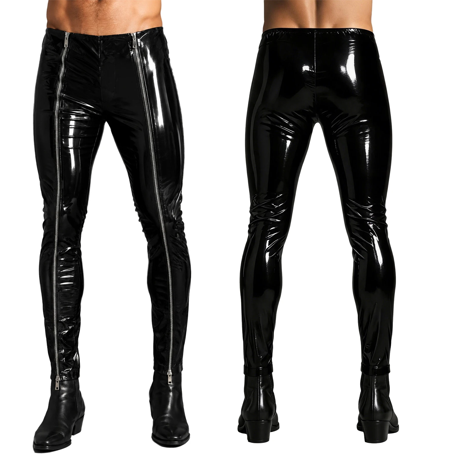 Men Patent Leather Pants Zipper Open Trouser High Waist Wet Look Leggings Pants for Daily Street Rave Stage Performance Clubwear