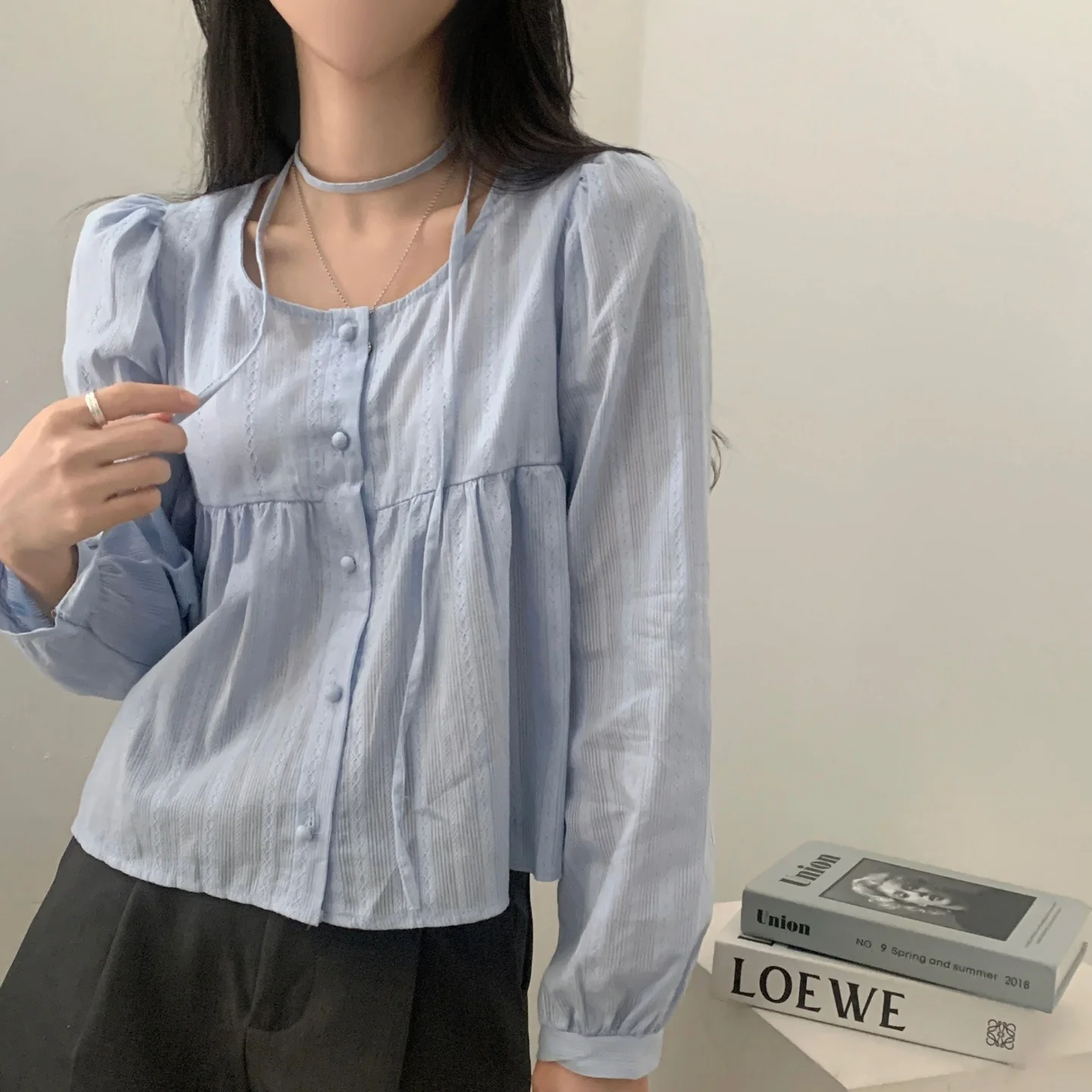 قميص نسائي بسيط للربيع والخريف بحزام وزر واحد وأكمام طويلة، فضفاض ومصنوع من القطن الرقيق بلون واحد، مناسب للأعمال والملابس ال... #3