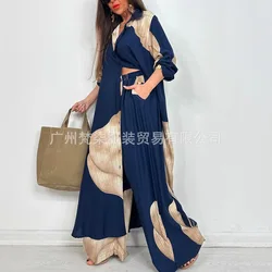 Fashion Loose Printed Long Sleeve 2-piece Set Women's Single-breasted Cardigan Robe Wide-leg Pants Casual Two-piece Outfit Woman