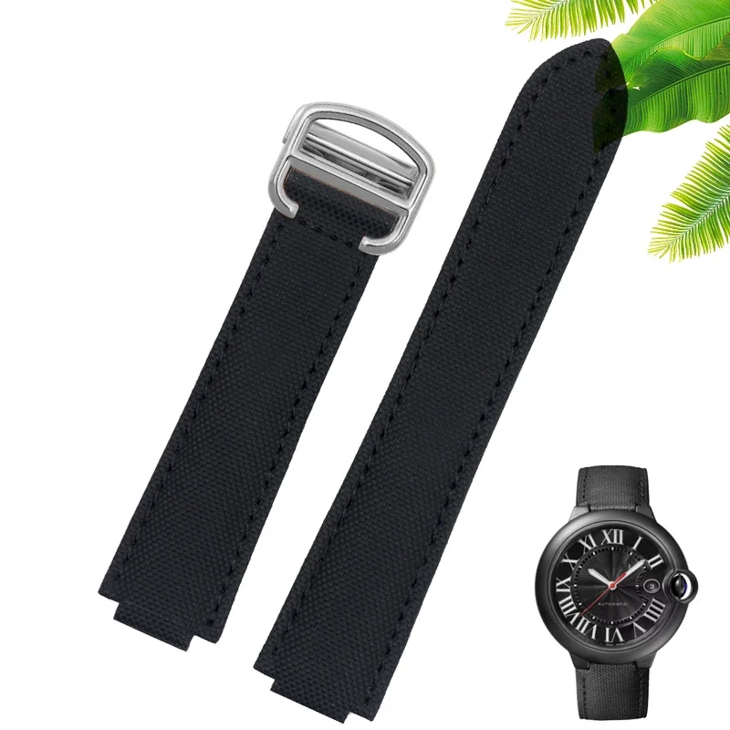 Correa de lona de nailon para Cartier, correa de reloj de caballero negro, interfaz convexa, accesorios para hombre, pulsera de 20,12mm