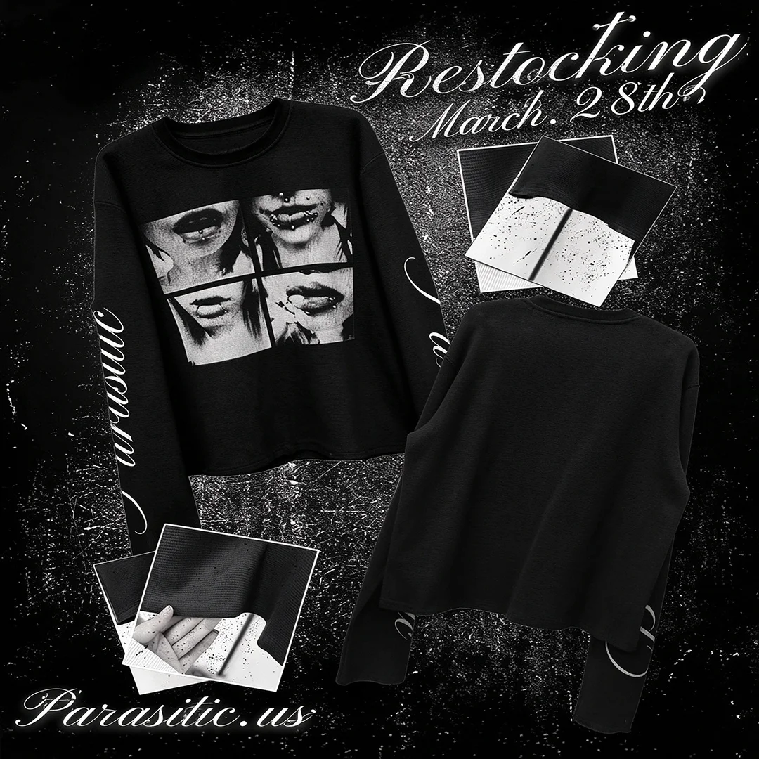 Y2K Gothic Graphic Long Sleeve T-Shirt Black Distressed Letter Print Studded Cuff Slim Fit Streetwear Top for Fall