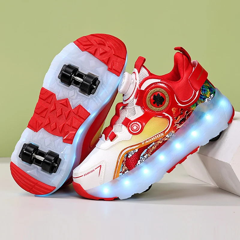 Children Four Wheels Luminous Glowing Sneakers Black Pink Led Light Roller Skate Shoes Kids Led Shoes Boys Girls USB Charging