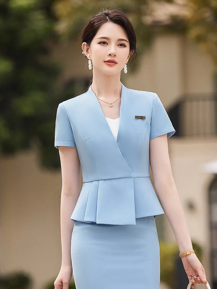 Summer Short Sleeve Women Business Suits OL Styles Office Ladies Formal Professional Work Wear with Skirt and Tops Career Set