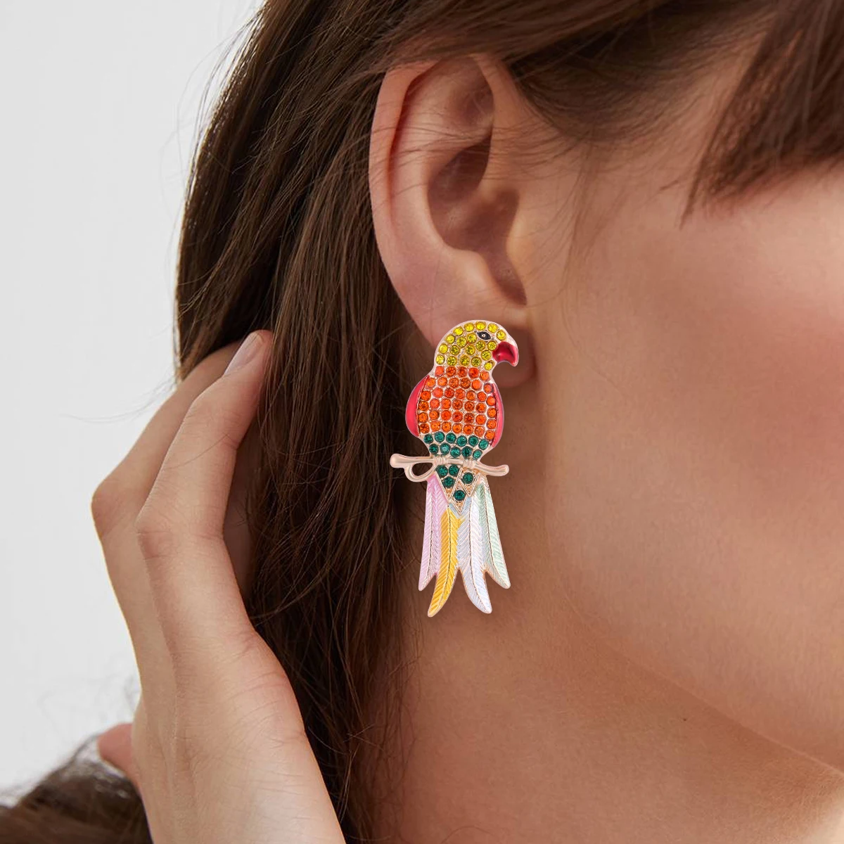 Exaggerated Colorful Parrot Dangle Earrings Shining Rainbow Rhinestone Bird Animal Earrings for Women Girls Funny Jewelry