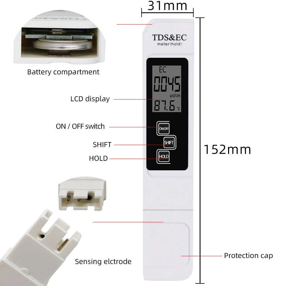 Portable 3 In 1 TDS Tester EC Meter Digital TDS EC Temp Detector Conductivity Water Quality Test Pen for Pool Aquarium