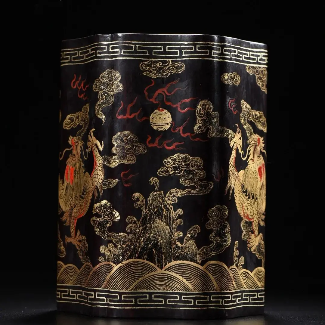 Wood Lacquerware Outline in gold Painted Two dragon patterns Xiangyun Cloud pen holder Amass wealth Ornaments