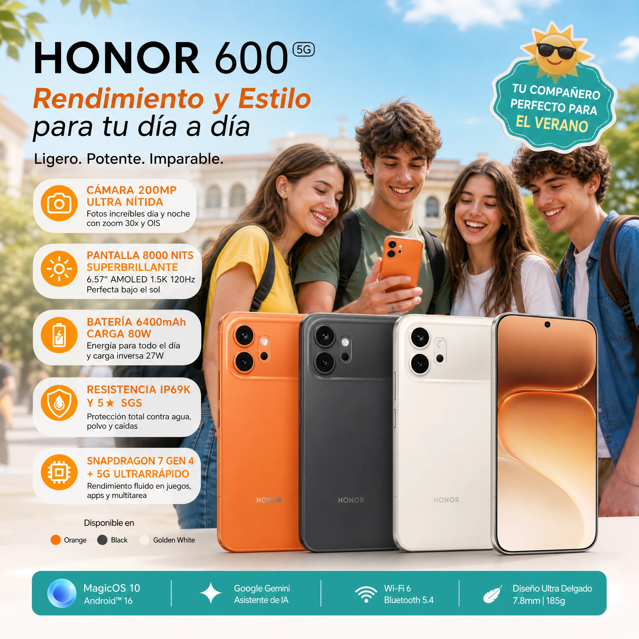 Teléfono – HONOR 600 5G Smartphone, Versión UE, eSIM, Cámara Nocturna de 200MP con OIS, Pantalla AMOLED 8000 nits de 6.57″ 120Hz, Batería 6400mAh, Carga 80W, Resistencia IP69K y Certificación SGS, Snapdragon 7 Gen 4, MagicOS 10, Android 16 3