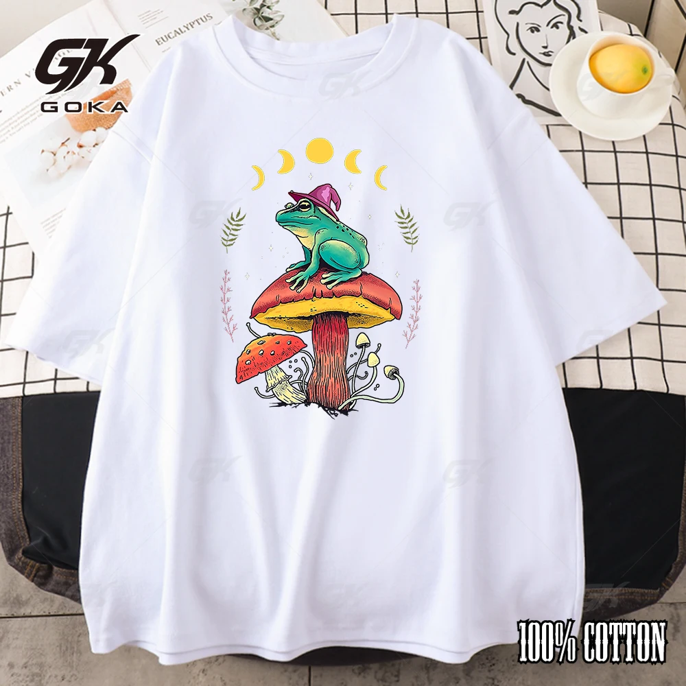 Cottagecore Aesthetic Goblincore Frog Wizard On Mushroom Mens Short Sleeve Vintage Tops Personality women Cotton T-Shirt Unisex