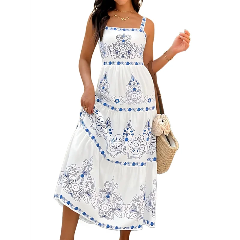 ASDS-Vestido regata feminino em camadas verão sem mangas estampa floral vestido longo fluido maxi vestido de verão