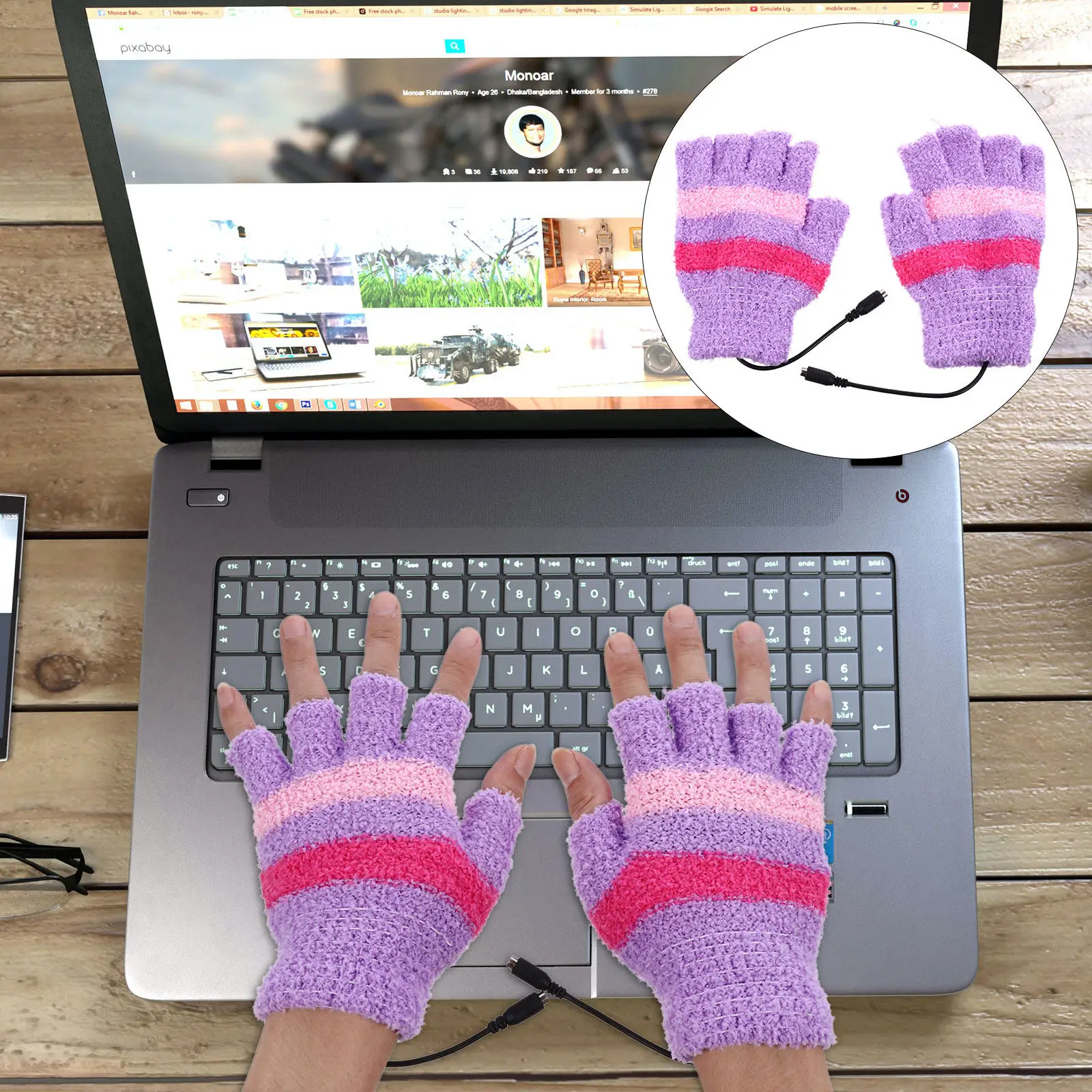

1Pair Heated Gloves USB Powered Wool Half Finger Design Palm Back Heating Flexible for Laptop Gaming Ski Riding Winter Mitten