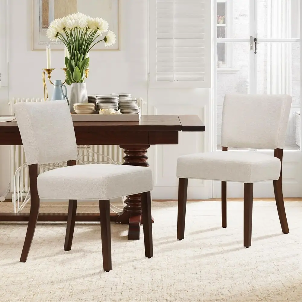 

Linen-Covered Upholstered Dining Chairs Set of 2, Beige, with Hardwood Legs for Kitchen and Dining Room Use