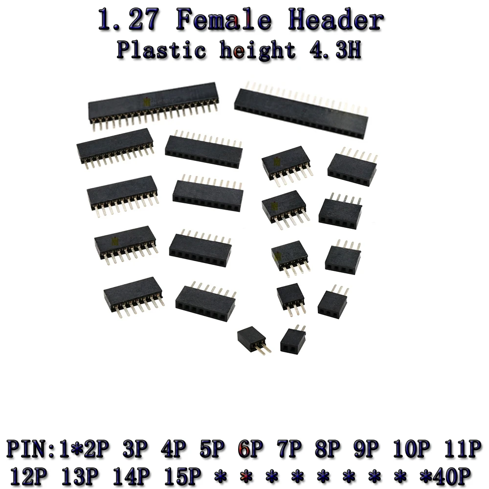 

10PCS 1.27mm Pitch Single Row Female 2~50P PCB socket Board Pin Header Connector Strip Pinheader 1X2p4p6p10p12p16p20p~50Pin H4.3