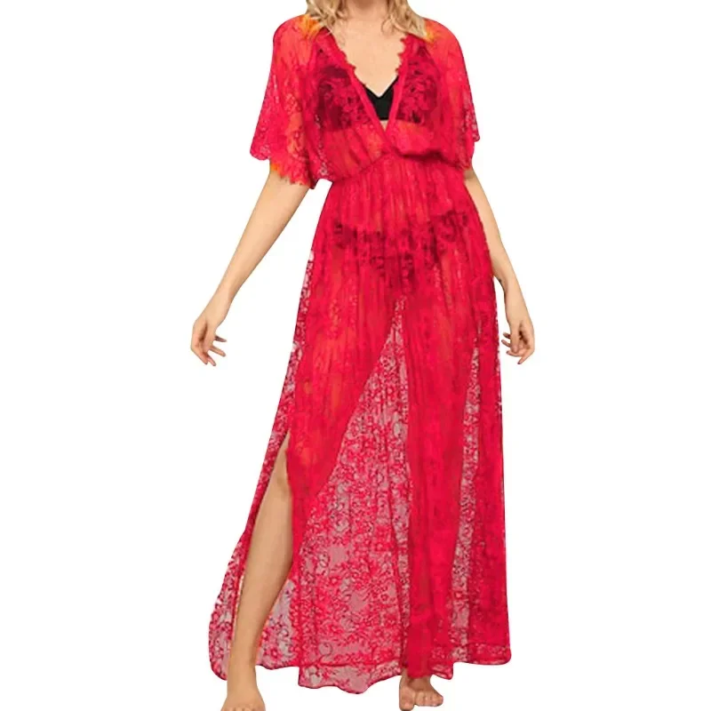 2025 сексуальное кружевное прозрачное платье с глубоким v-образным вырезом и длинными рукавами, облегающее платье со шлейфом для женщин, одежда для сна, сексуальные ночные рубашки, женское ночное платье