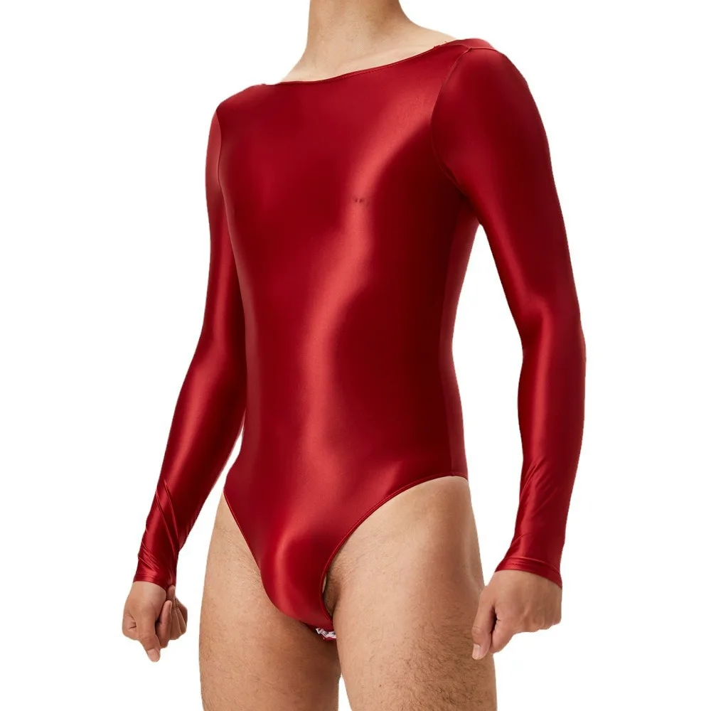 2 Sides Wearable Glossy See Through Button Crotch Bodysuit Sexy Mens Long Sleeve Undershirts One-piece Romper Leotard Underwears