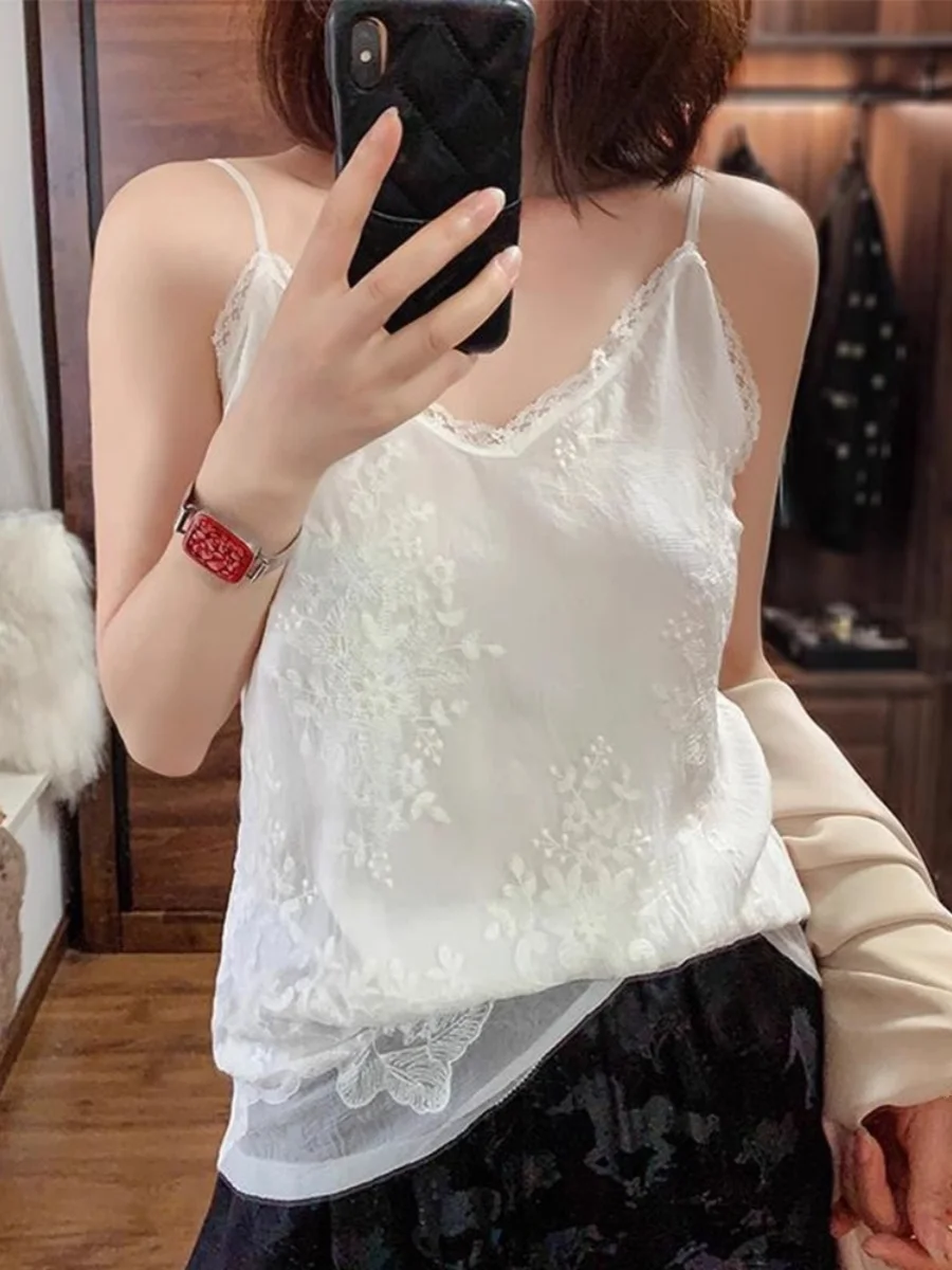 Elegant Embroidered Lace Crop Top Women's Outerwear Suit Inner Match Euro Organza Acetate Fashionable Women's Vest
