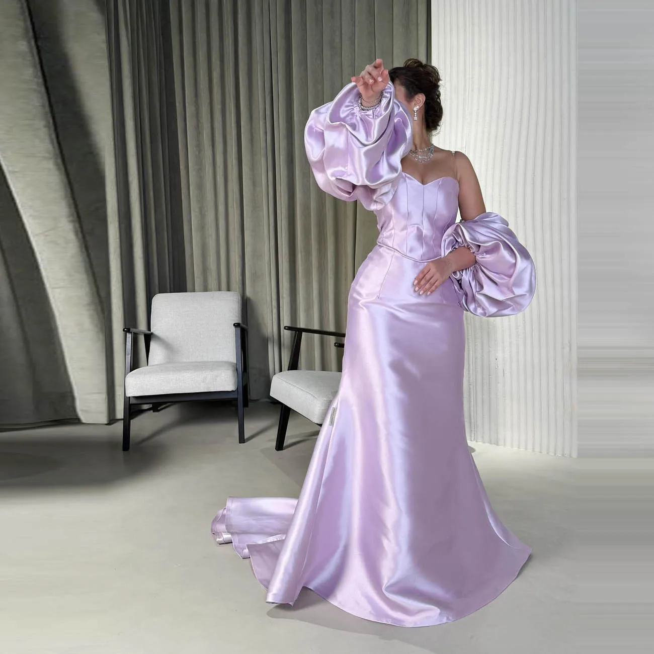 Long Women Lady Evening Dress Elegant Party Gowns With Extra Puffy Sleeves Sweetheart Satin Lavender Mermaid Prom Dresses 2025