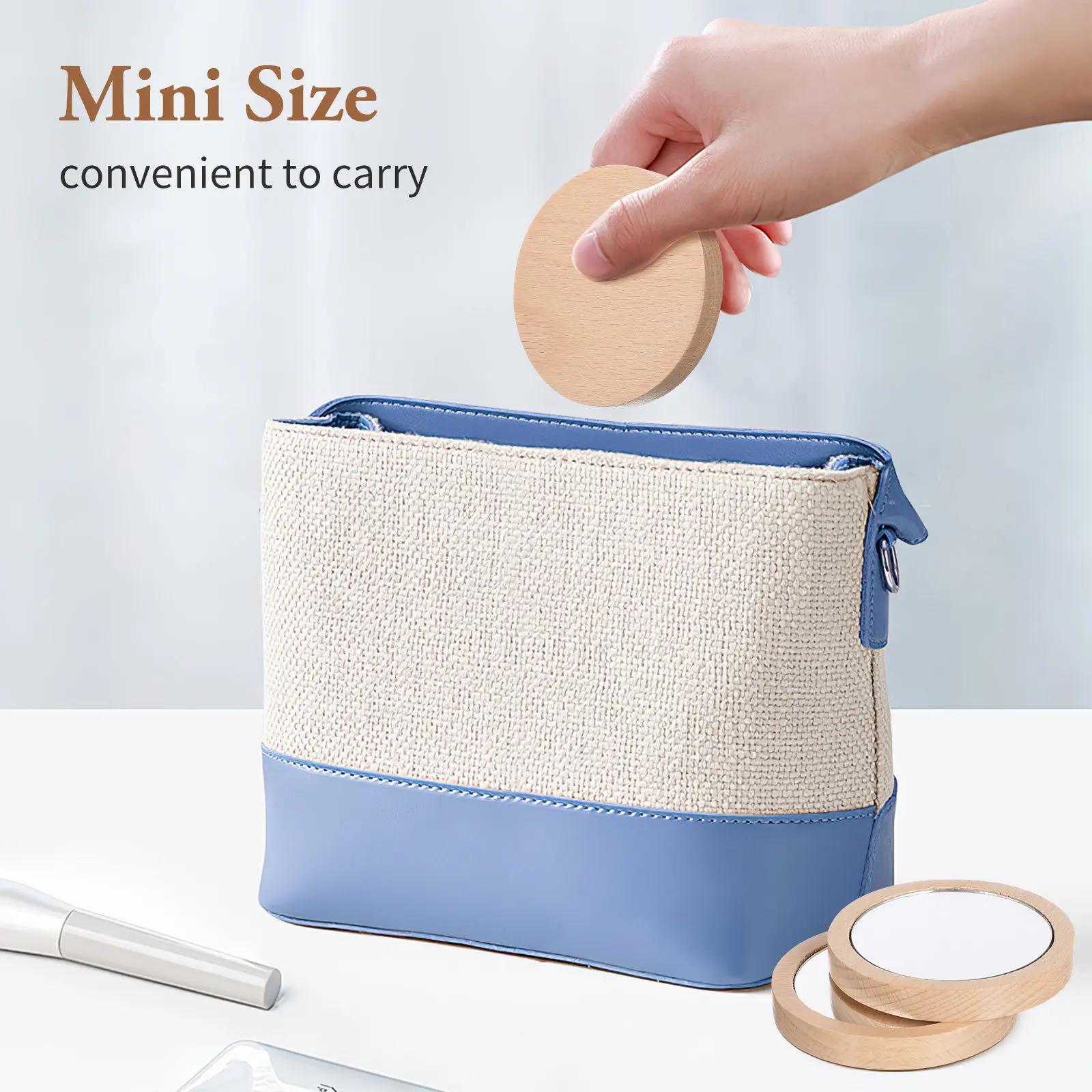 

2Pcs Round Compact Mirror 6.5cm 7.5cm Mini Makeup Mirror Portable Wood Design Clear Travel