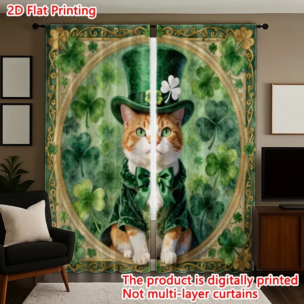 

2 шт. Зеленые шторы с изображением джентльмена-кошки в оранжевых тонах ко Дню святого Патрика - современный художественный стиль, подходят для всех комнат, всесезонные декоративные шторы
