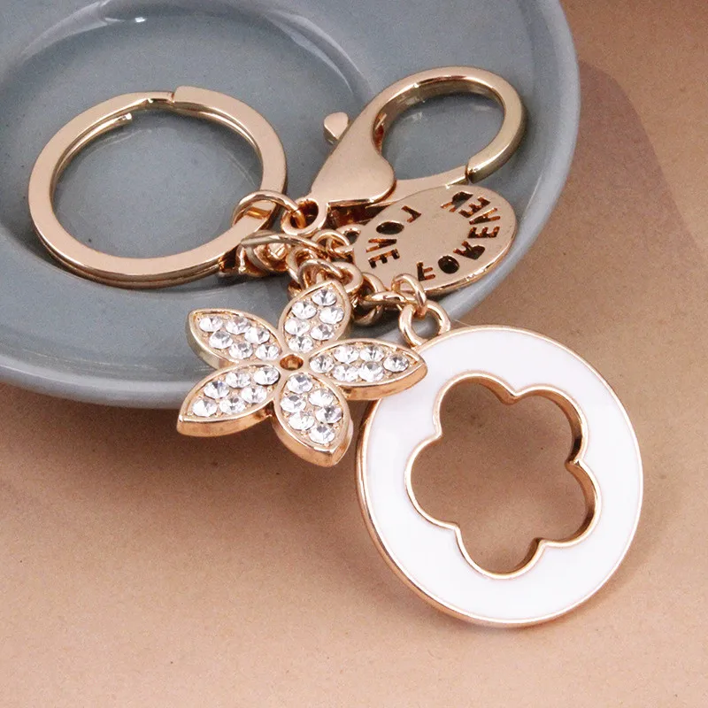 Rhinestone Flower Petal Key Chain Enameled Five Leaf Clover Key Ring Women Bag Pendant