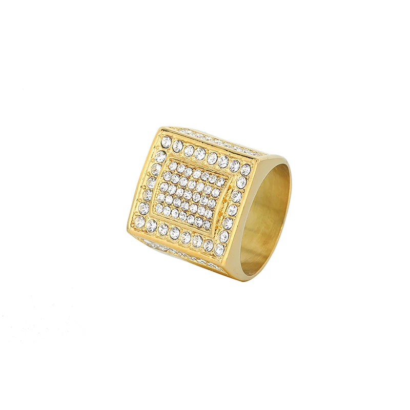 HIP HOP Bling Iced Out Gold Color Titanium Steel Geometric Square Rings for Men Rock Jewelry Drop Shipping