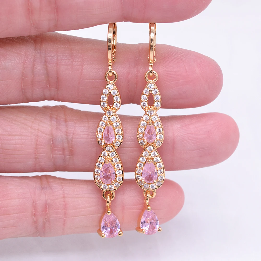 Fashion Gold Color Women Green Cubic Zirconia CZ Long Water Drop Dangle Earrings Jewelry