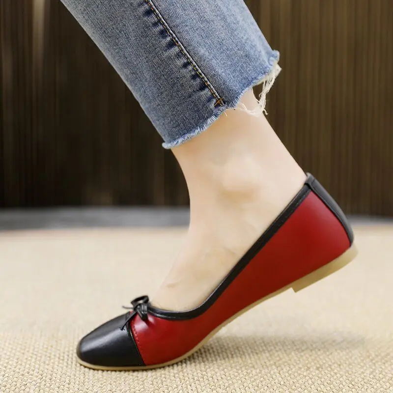 Shoes for Women 2024 Round Toe Cute Low Heel Elegant Ladies Summer Footwear White Red with Bow Moccasins Kawaii Korean Style E