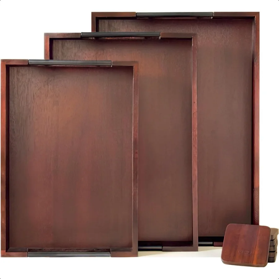 

Acacia Wood Serving Tray Set of 3 with Black Steel Handles 18 16 14 with 6 Coasters for Coffee Table Ottoman in Living Room Bre