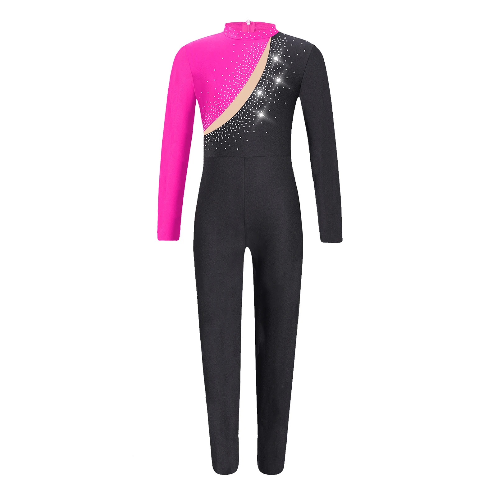 Kid Girls Rhinestone Ballet Leotard Long Sleeve Jumpsuit Figure Skating Stage Performance Competition Full Bodysuit Gymnastics