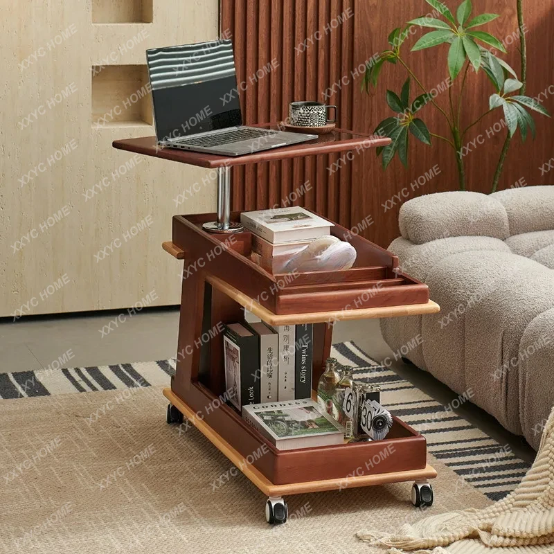 Medieval style solid wood trolley sofa side table rotating coffee table table