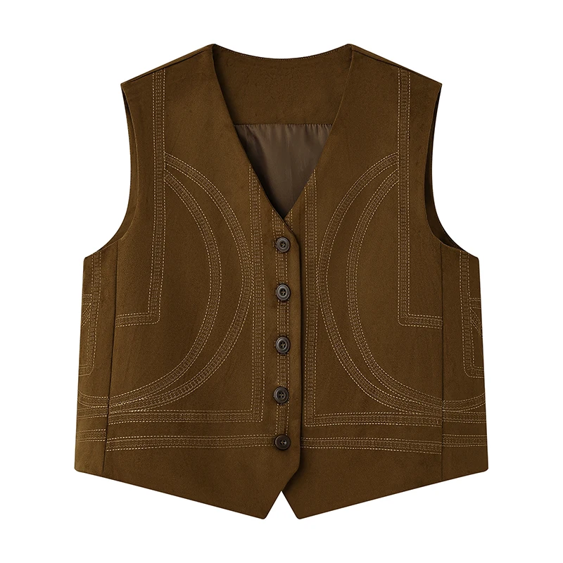 Elegant Embroidered Suede Vest Top Vintage V-neck Layering Versatile Size Large Outerwear Fashionable Women's Jacket