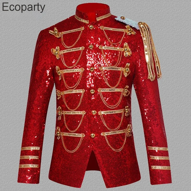 New Men's Fashion Tassels Sequin Blazer Jacket Male Stage Show Punk Military Dress Tuxedo Coat Singer Uniform Dj Costume Homme