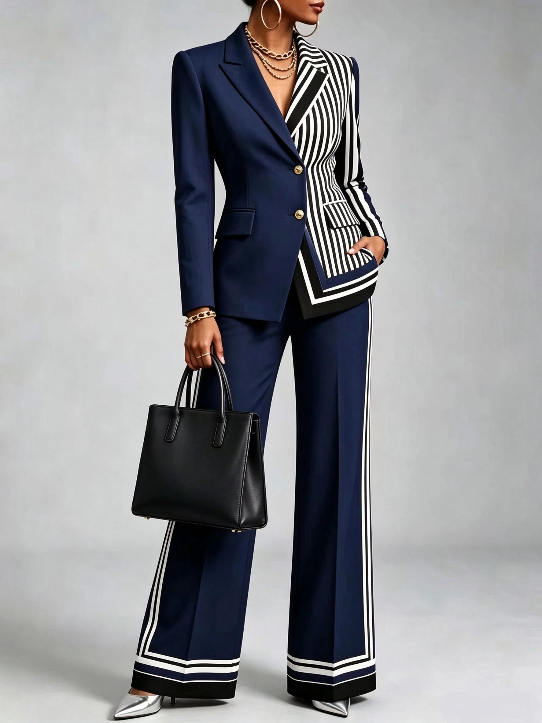 Business Women Pants Set Asymmetric Stripe Patched Collar Open Top High Waist Striped Bottom Bellbottom Pants Office Dress Match