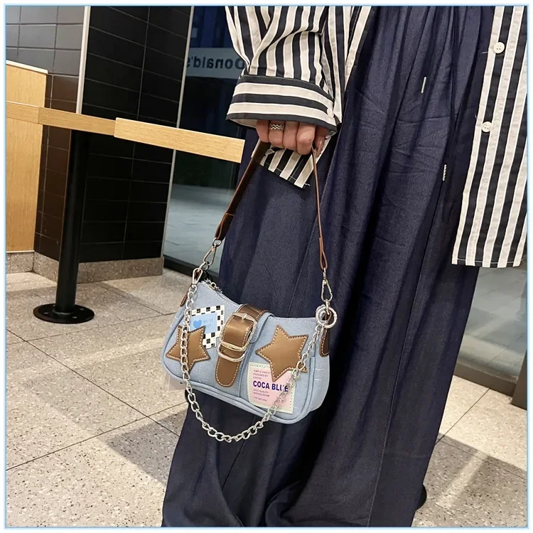 Cute Star trendy denim shoulder belt handbag decoration contrasting colors fashion designer underarm bag women new small wallet