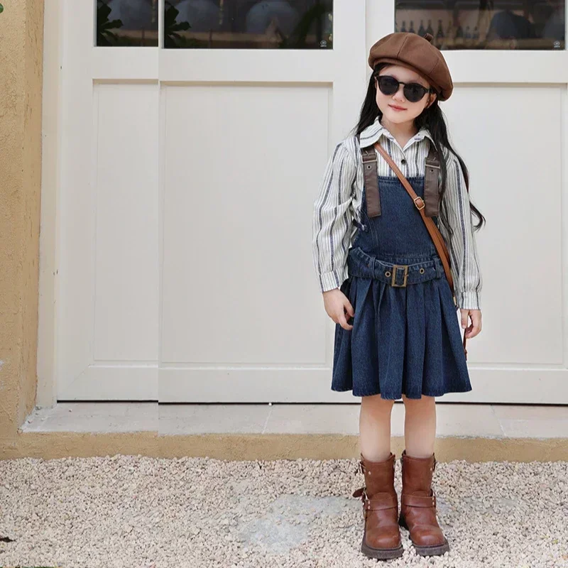 Robe en coton à manches longues pour mère et fille, robes en fibre de denim pour femmes, tenues assorties pour bébés filles, chemisier à la mode, 2021