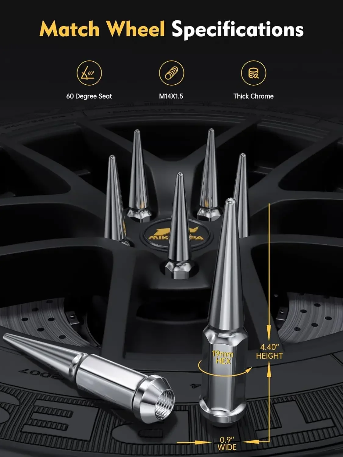 MIKKUPPA M14x1.5 Spike Lug Nuts, 24PCS Chrome Wheel Spiked Lug Nuts, Cone/Conical Bulge Seat, Silver Closed End Nuts