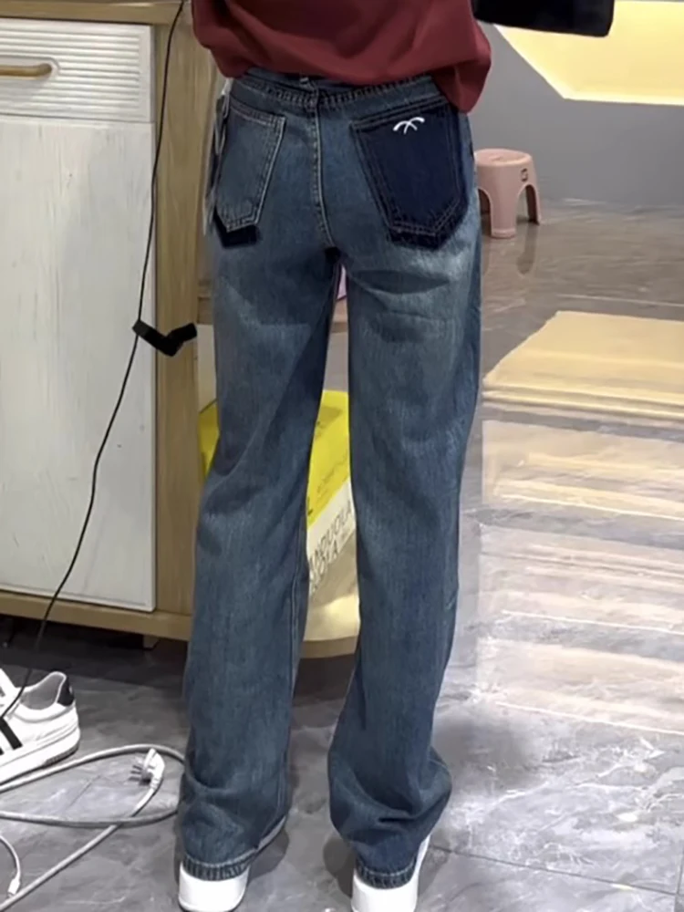 

Retro Blue Slim Wide Leg Denim Jeans Women's plus Size High Waist Straight Cut Pants Spring Autumn Small Size Slimming Effect