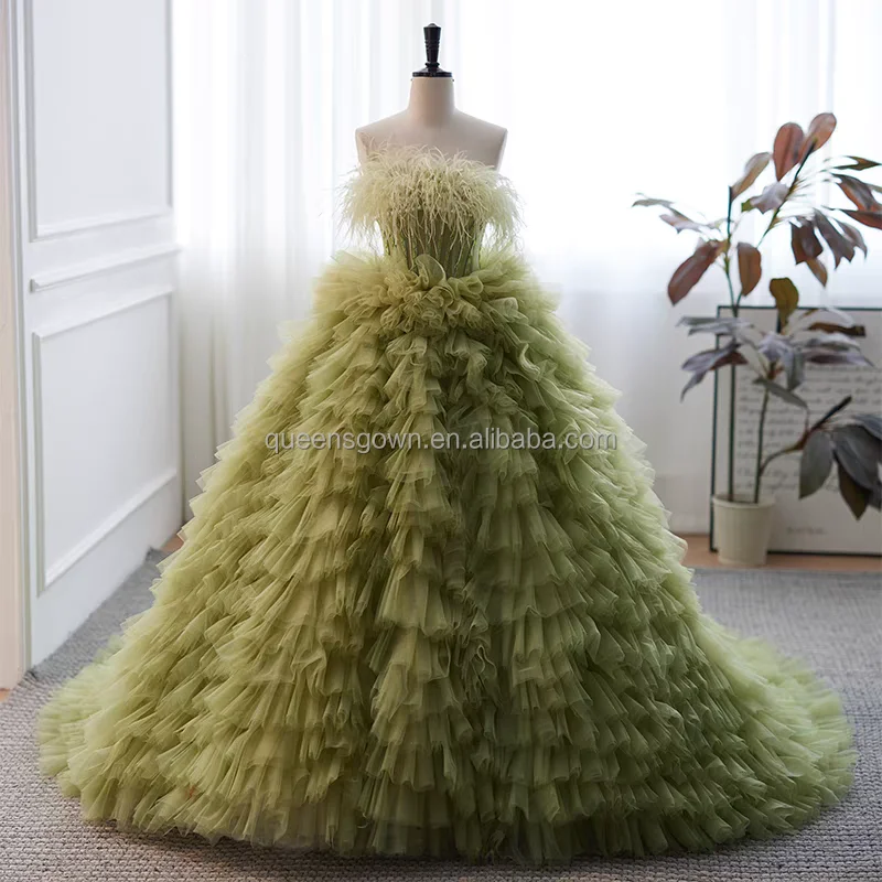 

green puffy soft tulle party dress off shoulder elegant prom dress fancy ruffles bubble evening gown