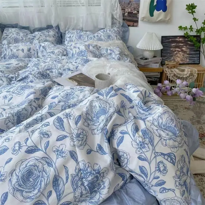 Blue Floral Duvet Cover Set with Pillowcase Bed Sheet No Filler 2024 New Single Double Queen Size Bedding Linens Fashion