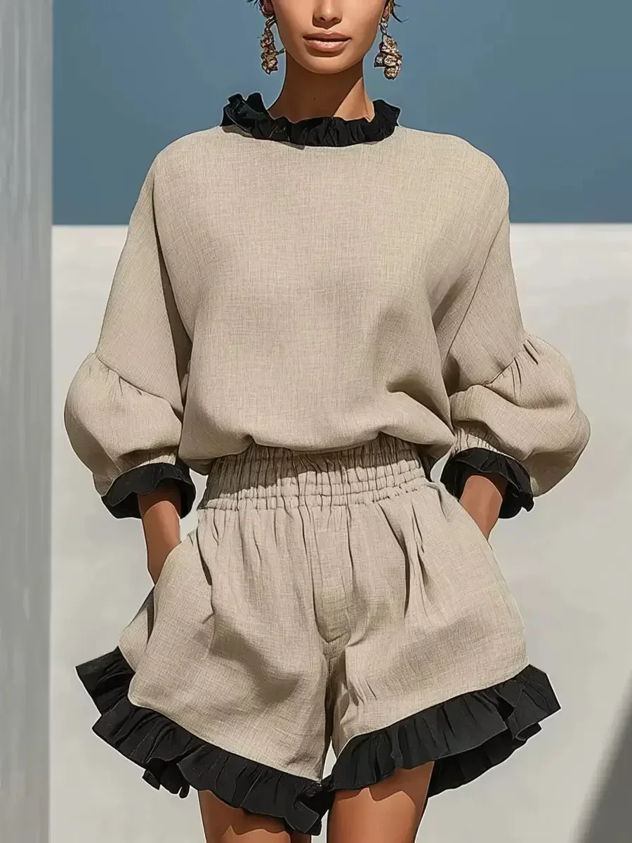 Ladies Summer Matching Suit Contrast Frill Long Sleeve Top Elastic Waist Shorts 2 Piece Outfit
