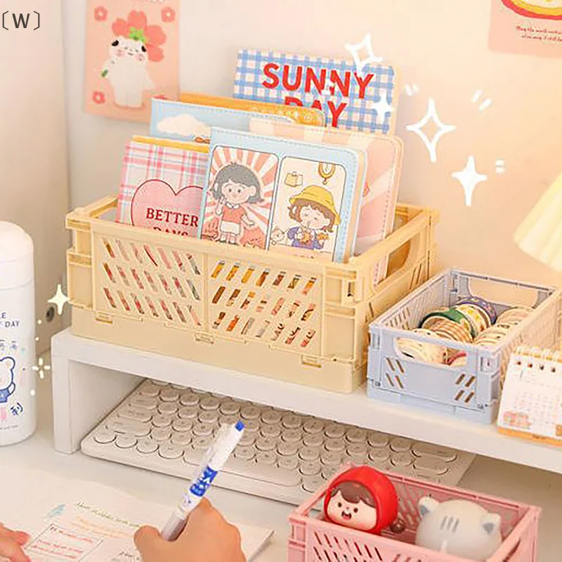 Collapsible Crate Plastic Folding Storage Box Basket Utility Cosmetic Container Desktop Holder Home Use Desk Storage Box