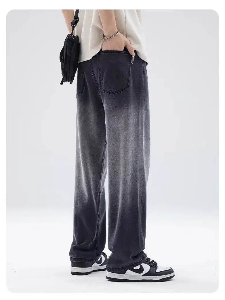 

ey Ice Silk Jeans Men's Summer Thin Faion Loose Straight Tube Lyocell Wear Resistant adient Casual Long Pants