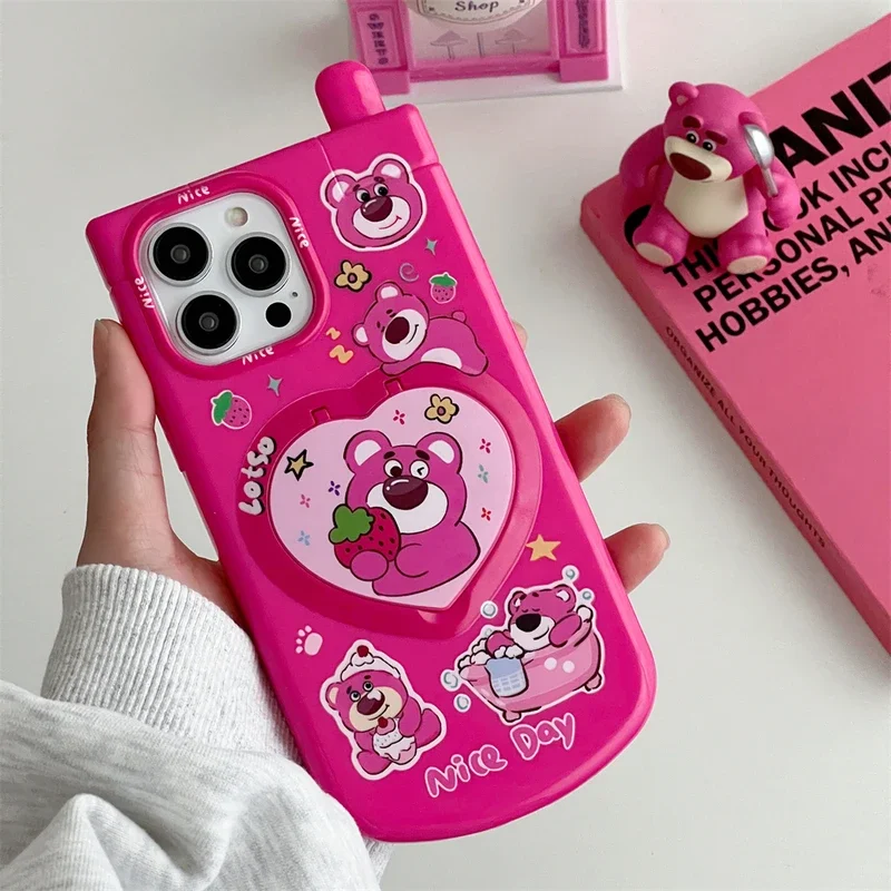 Cute Cartoon Disney Toy Story Lotso Hide Makeup Mirror Phone Case For iPhone 15 14 13 12 11 Pro Max Soft TPU Cover With Lanyard