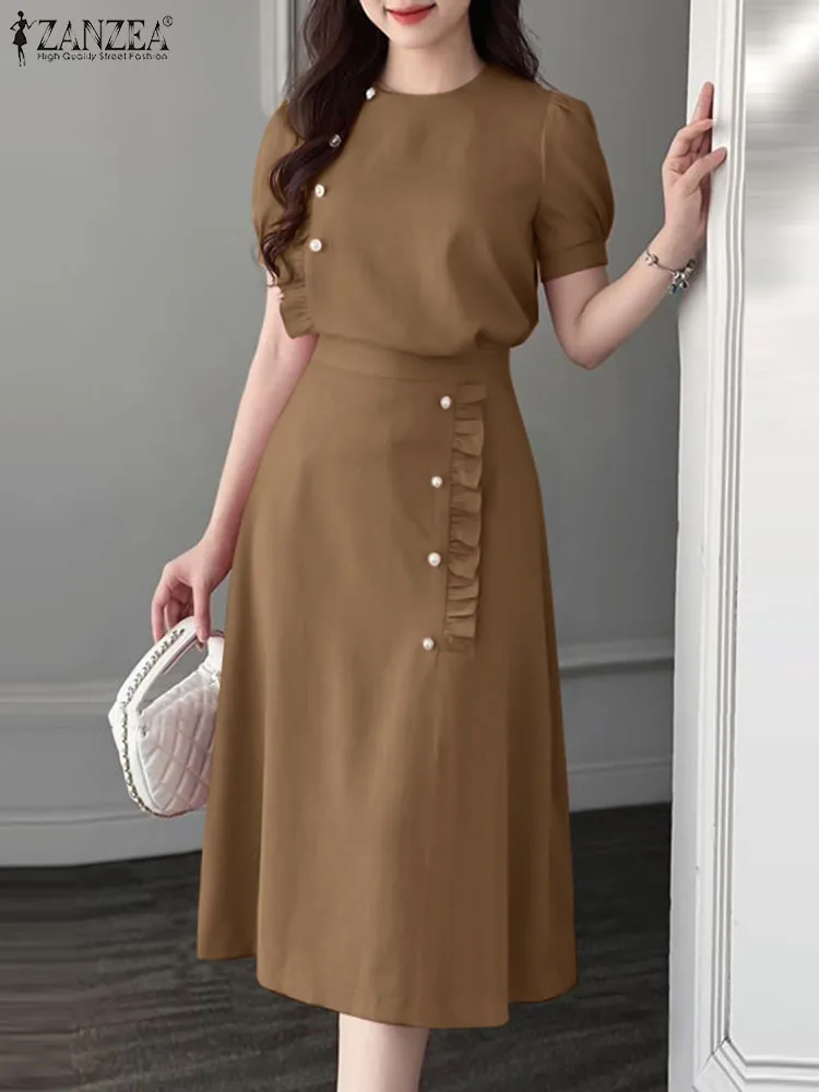 ZANZEA-Robe à manches courtes bouffantes pour femmes, ensembles de jupe longue de bureau formelle, tenues d'été élégantes, tenues vintage à volants avec boutons, 2 pièces