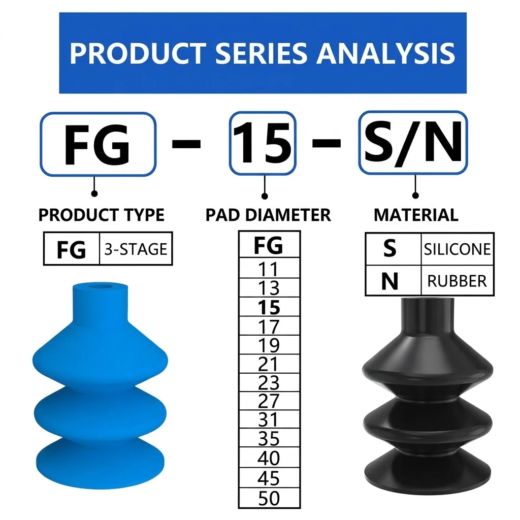 FG Series 2.5 Flods Bellows Vacuum Suction Cups 9mm-62mm Silicone Rubber Pneumatic Gripper Pads for Industrial Automation Pick