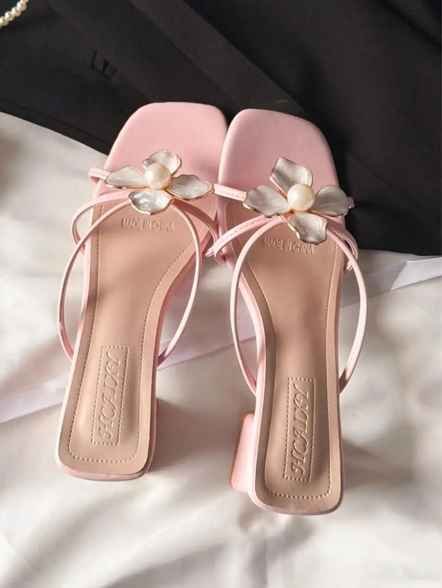 

2025 French Pearl Flower Strap Slide Sandals For Women, Open Toe Versatile Mid-Heel Slippers, Summer 2025 New Arrival