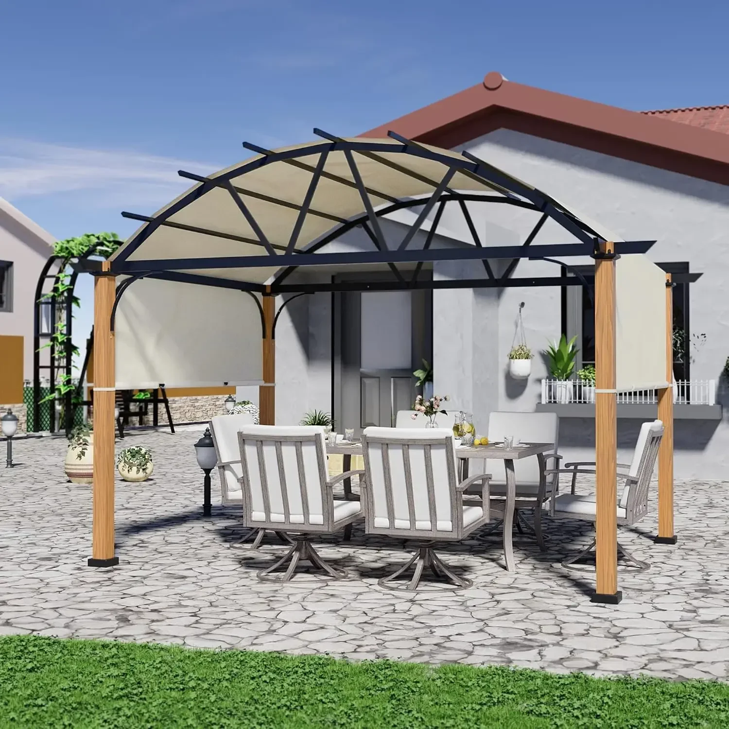 

10' X 13' Outdoor Pergola with Sling Retractable Canopy and Woodgrain Aluminum Frame, Arched Pergola for Patio,, Customized