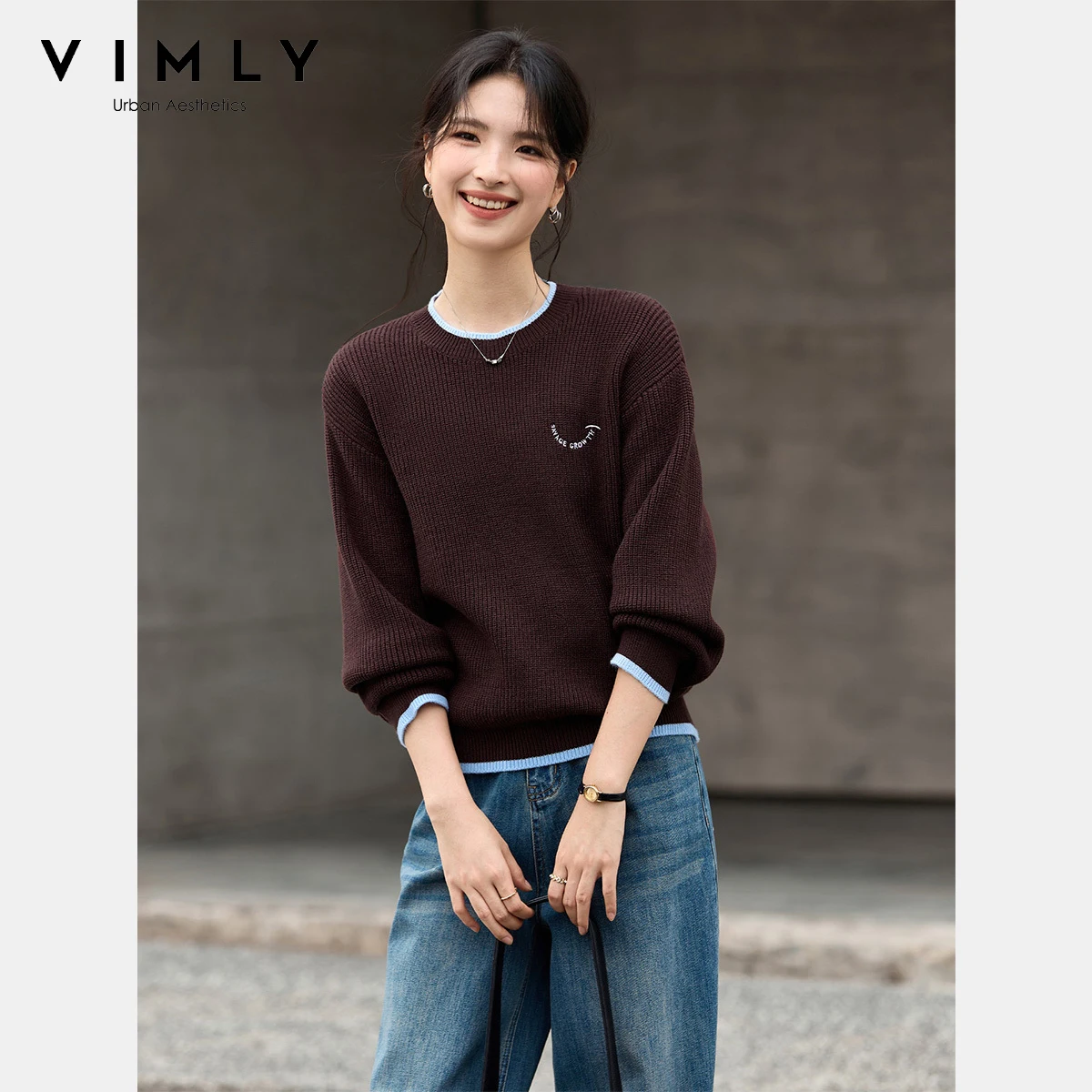 

VIMLY Sweaters for Women Fall 2025 Letter Embroidered Knit Round Neck Female Pullovers Contrast Color Long Sleeve Jumpers 75207