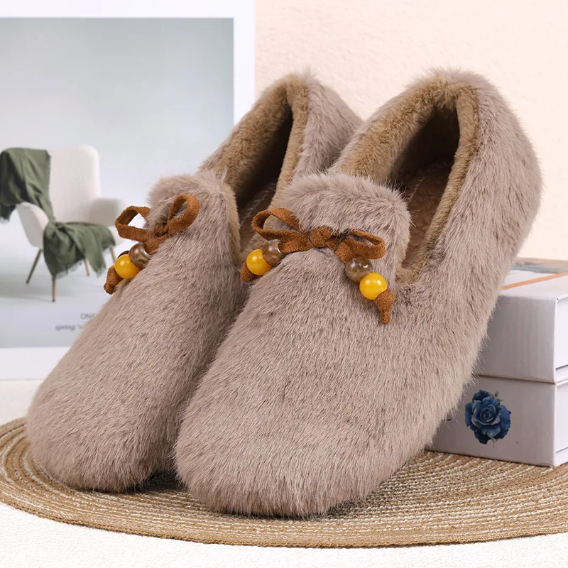 

Hot Sale Warm Plush Mules Women One Band Fur Flat Shoes Cozy Cotton Shoes Woman Flats Cover Toe Tassel Slides Femme Pantuflas